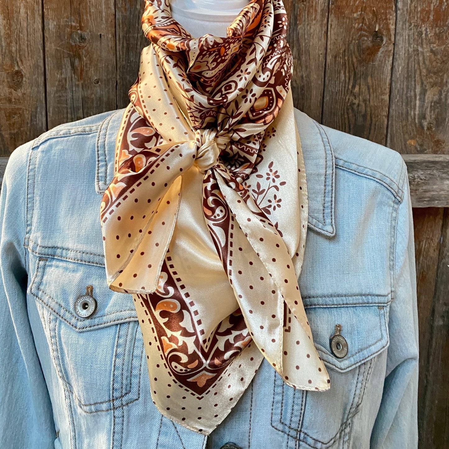 35X35" Tan/Brown Polka Dot & Paisley Wild Rag/Scarf WR445