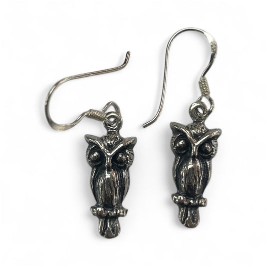 Sterling Silver Owl Drop Earrings